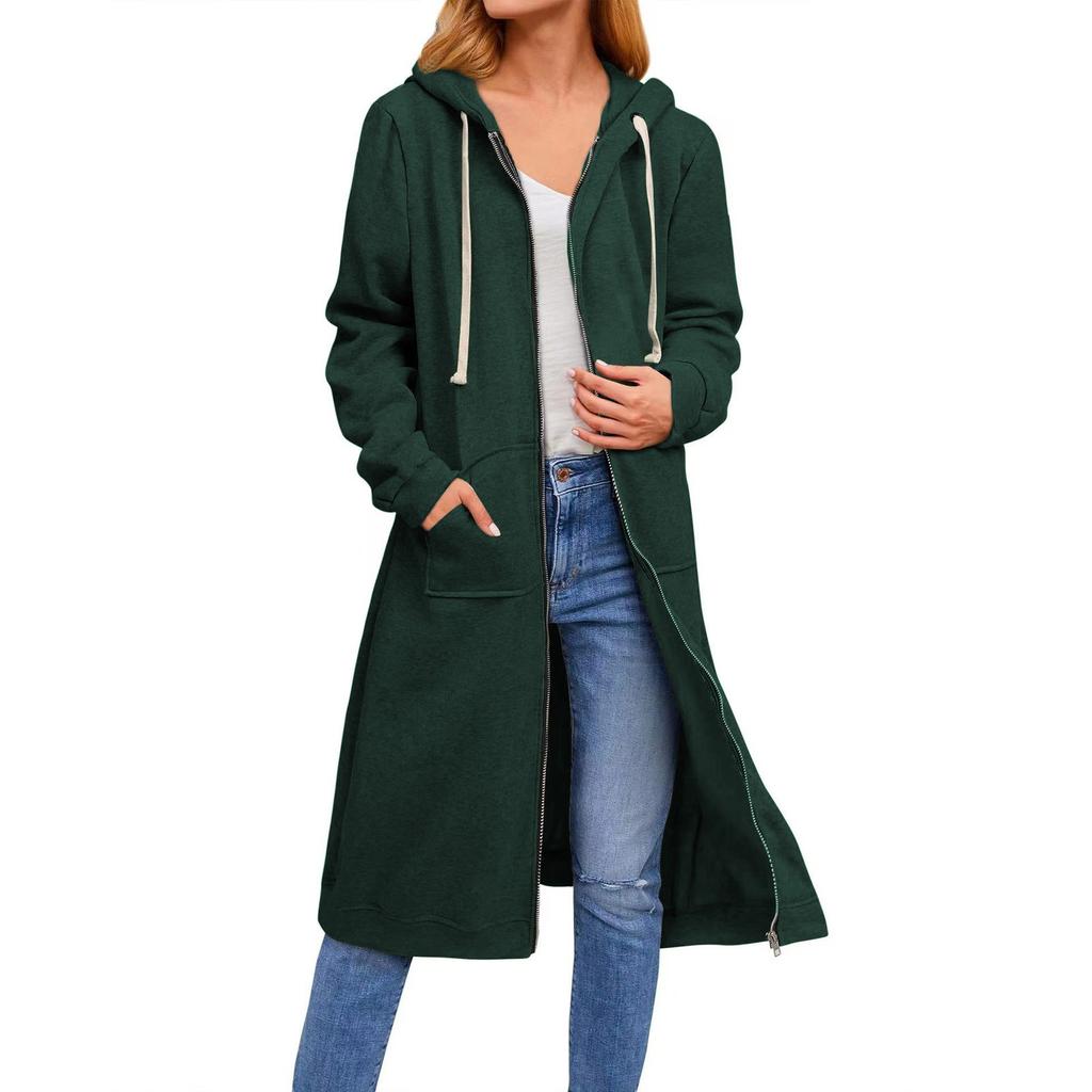 Loose Zip Long Cardigan Jacket Dame hettegenser Lang frakk med lomme