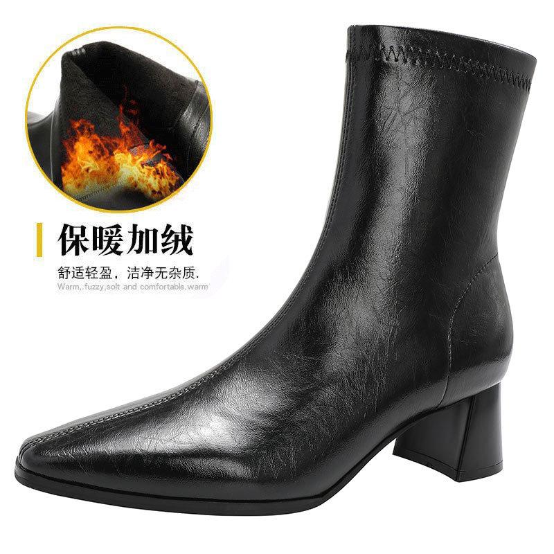 High-heeled short boots women's 2025 autumn and winter new pointed thick-heeled thin boots women's leather boots white French medium boots