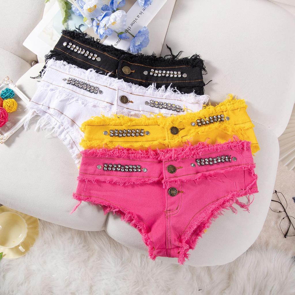 European & American Style Low Waist Denim Shorts - Sexy, High Elasticity, Plus Size Sequin Design