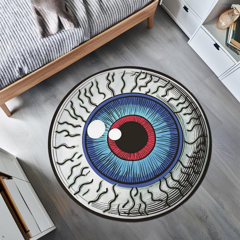 Minimalist Washable Evil Eye Rug, Non-Slip Circle Kitchen Mat, Blue Eye Carpet for Home Decor,  Illustration Round Rug Gift Diameter 100cm