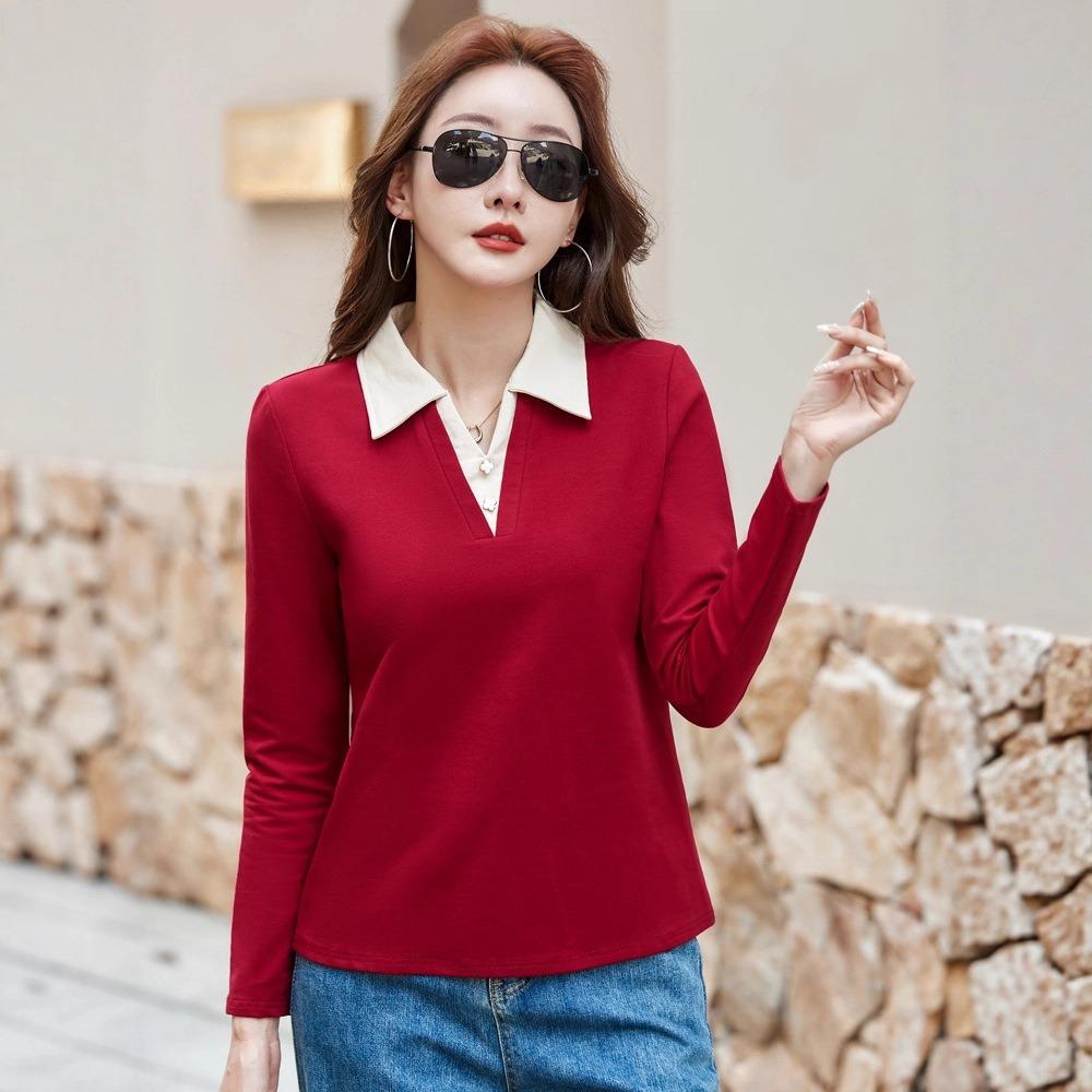 Autumn Winter Women's Long Sleeve T-Shirt Lapel Collar Casual Top
