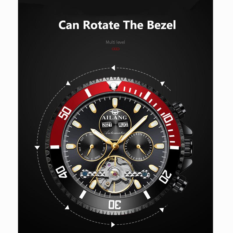 AILANG Luxury Black Red Case Multi-function Sports Tourbillon Watches Waterproof Automatic Mechanical Watch Men Reloj Hombre