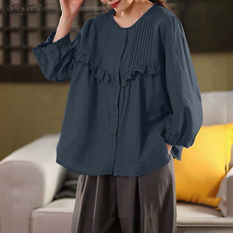 ZANZEA Camicetta casual da donna a maniche lunghe con scollo rotondo e tinta unita