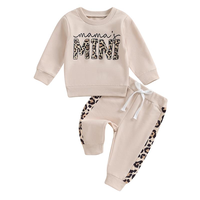 Toddler Girl Fall Clothes Letter Leopard Print Long Sleeve Pullover Strap Pants 2 Pcs Outfit