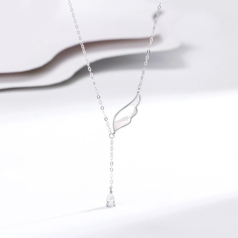 Trendy 925 Sterling Silver Angel Wing Necklace with Mother-of-Pearl Tassel Pendant 925 Sterling Silver