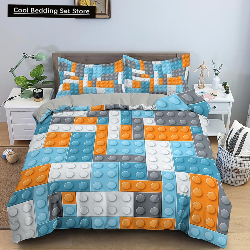 Colorful Toy King Queen Duvet Cover 3D Building Block Pattern Bedding Set Fun Brick Quilt Cover Gradient Rainbow Comforter Cover