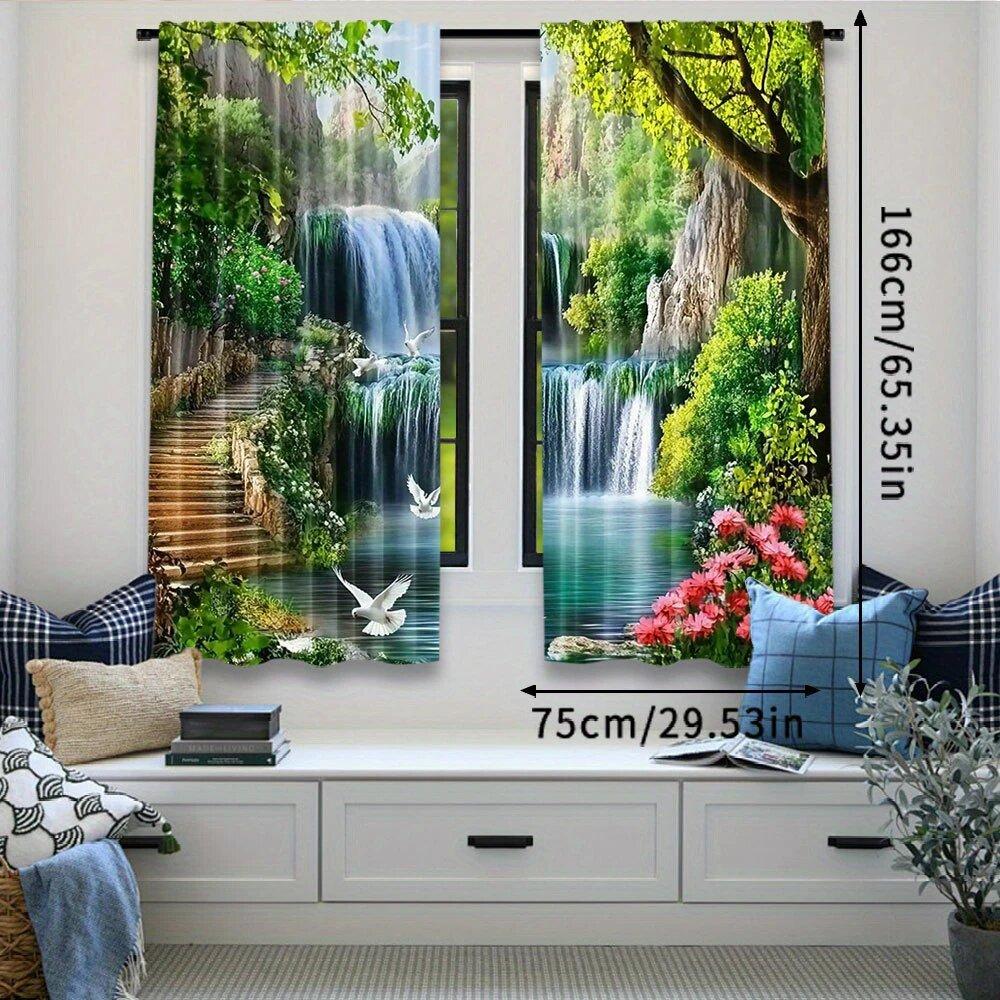 2 pieces of forest Waterfall landscape printed curtains,30*65 inches, home decoration, room decoration