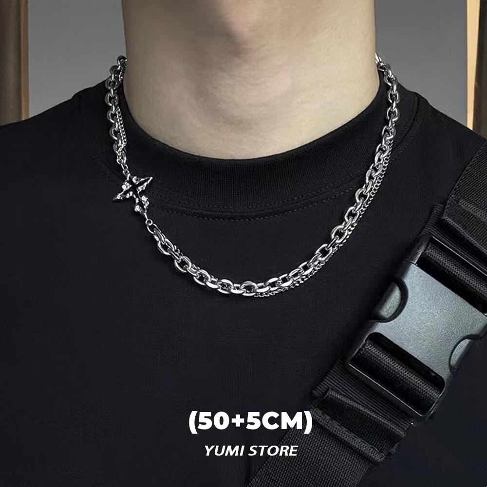 Unisex Double-Layer Titanium Steel Hip Hop Dark Cross Necklace Spliced Sweater Chain Choker  for Men And Women