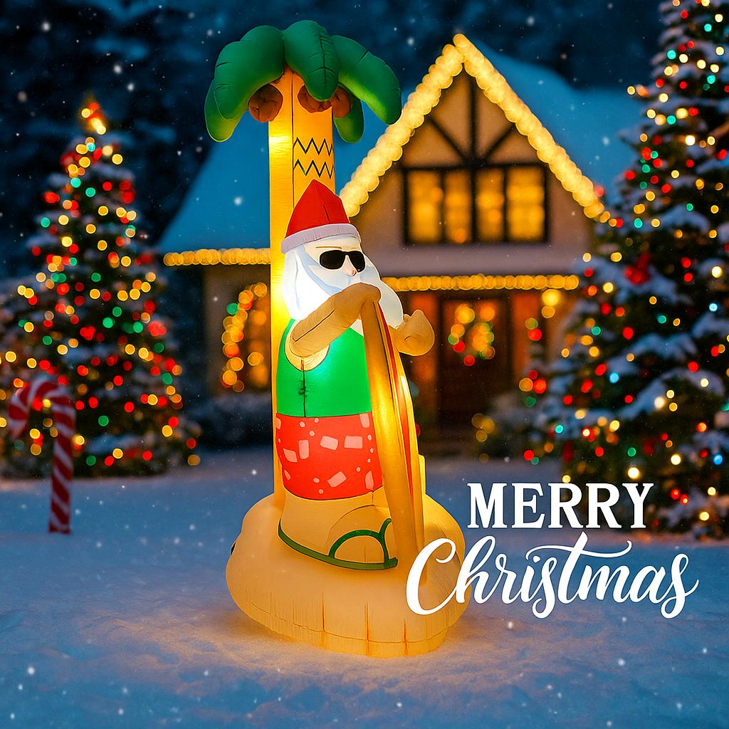 7.8FT LED Inflatable Xmas Yard Decor Beach Style Santa Claus Surfboard Palm Tree Christma Decoration Supplie Ornaments Toy Gifts