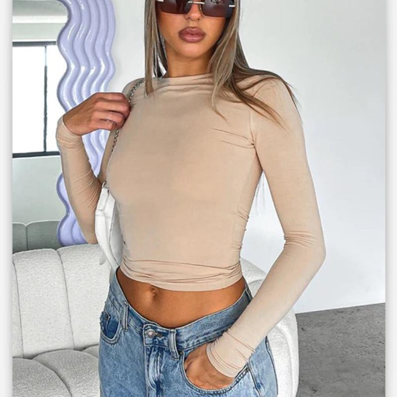 Women's Versatile Irregular Slim-fit Bottoming Top T-shirt Round Neck Solid Color Slim-fit Long Sleeves