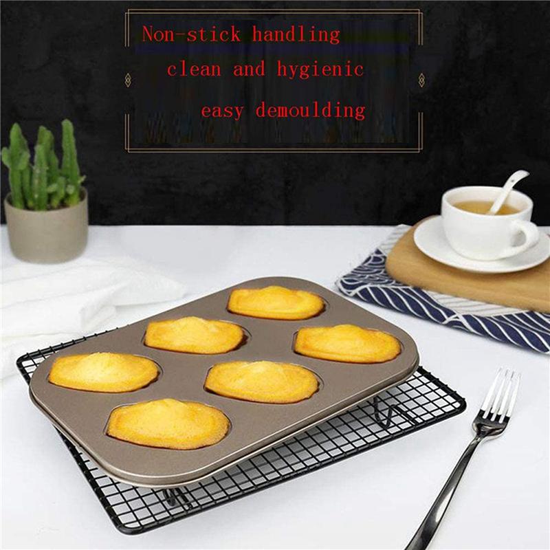 B97A-6 Pack Madeleine Mold Cake Pan, Non-Stick Heavy Duty Shell Madeline Bakeware For Oven Baking (Gold)