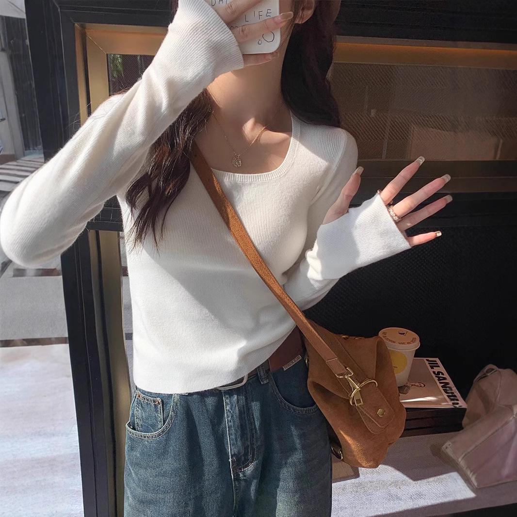 

2024 Women s Gray Knitted Square Neck Slim-Fit Long Sleeve Sweater - Autumn/Winter One Size [80-120 Jin]