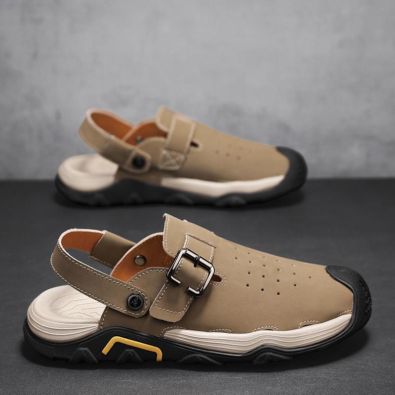 Fashion Men Punching Leather Sandals Summer Classic Dual-purpose Slippers Soft Fashion Casual Comfortable Outdoor Beach Walking Sandals
