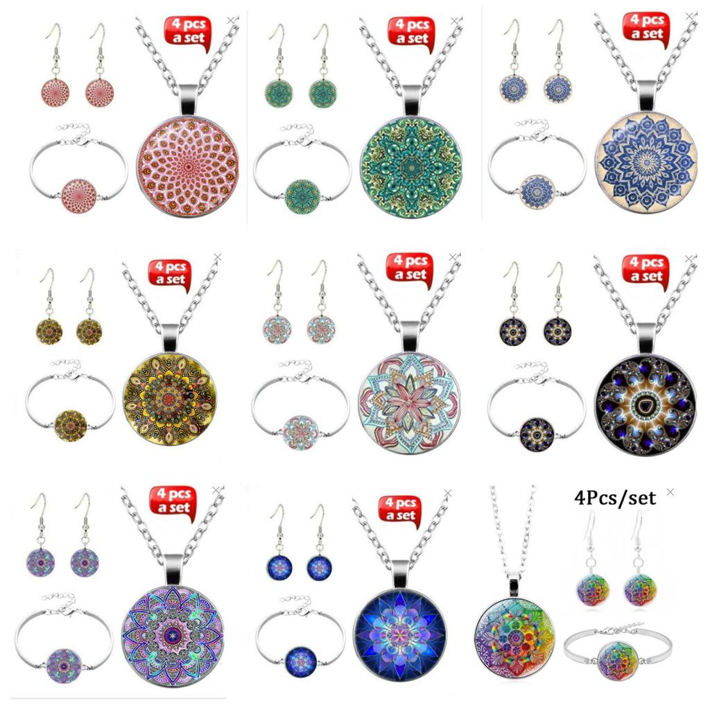 Accessories, Geometric Round Jewelry Three-Piece Set, Mandala Time Gem Necklace, Stud Earrings Bracelet