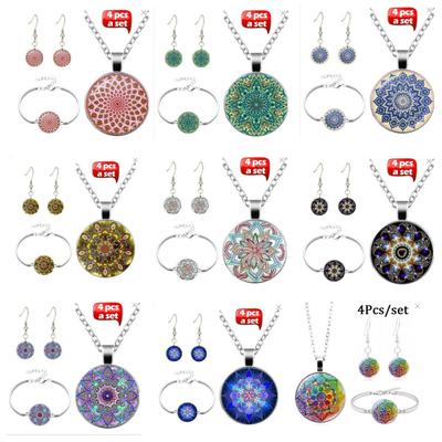 Accessoires, dreiteiliges Set mit geometrischem, rundem Schmuck, Halskette mit Mandala-Zeit-Edelsteinen, Armband mit Ohrsteckern