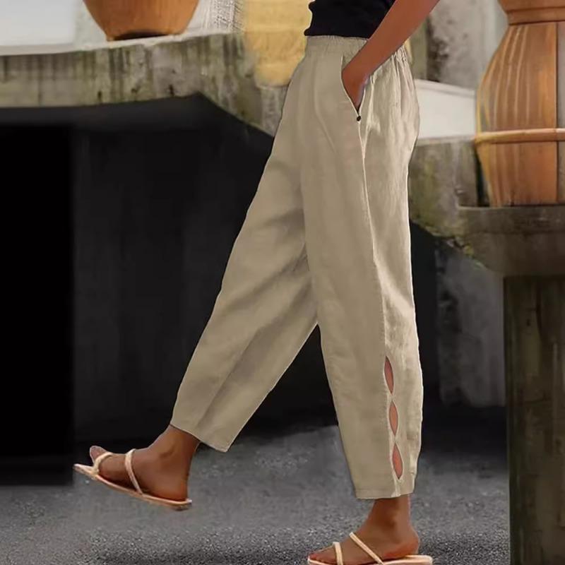 Fashion Casual Loose Hollow Out Women's Pants Cotton and Linen Loose Elegant New Solid Color Spring Autumn Short Trousers Office Basic Ladies Clothing