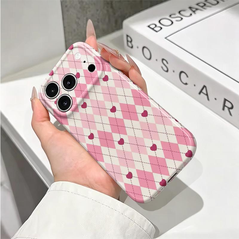 Cute Sweet Pink Argyle Heart Diamond Checkered Art Graphic Film Aesthetic Protective Shockproof Bumper Phone Case For iPhone 14 15 16 Pro Max Plus