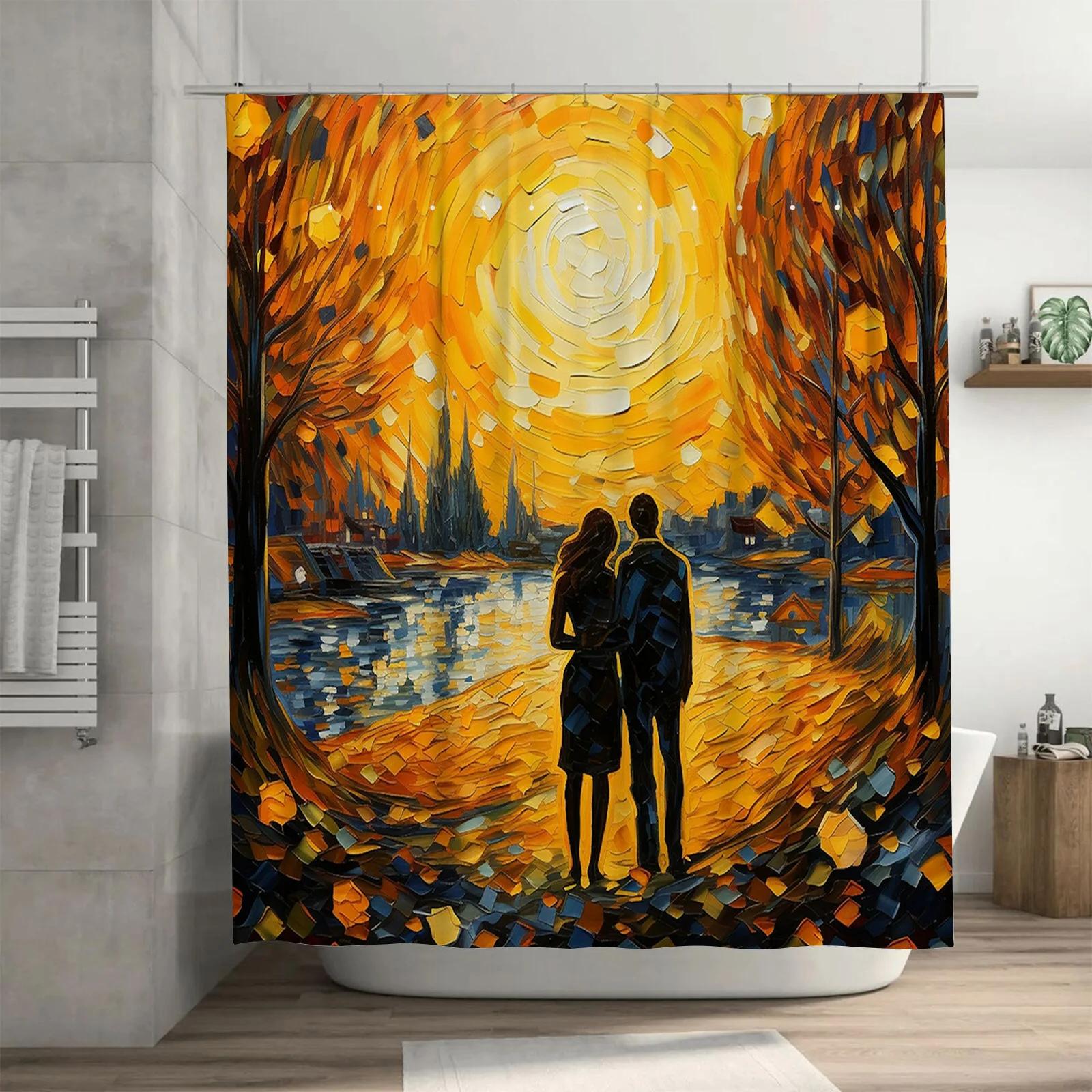 

Romantic Couple Watching Sunset Waterproof Shower Curtain, Artistic Design For Bathroom Decoration, Add Warmth And Elegance W60H190(CM)-1 Pcs
