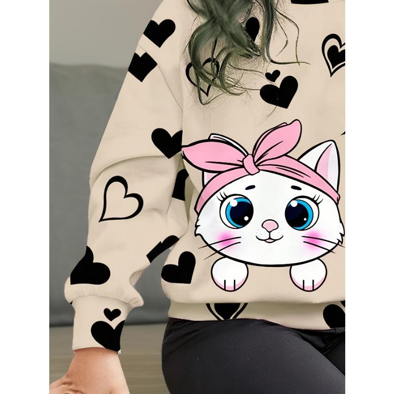 Girls' Summer New Arrival Fashion Heart Print Round Neck Long Sleeve T-Shirt + Casual Patchwork Pants Set with Cute Cat Pattern Two-Piece Outfit