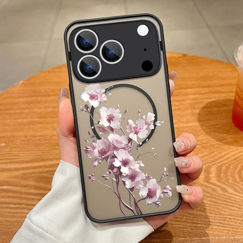 Translucent Matte Magnetic Case For iPhone 17 16 15 Pro 14 13 Pro Max 16e 17e For Magsafe Cartoon Flower Hard PC Phone Cover