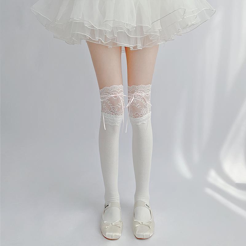 1pairs White Lace Lace Tied Ribbon Velvet Over Knee Socks Lolita Cute Sweet Calf Socks Women's Mid-Leg Kawai Thigh High Socks