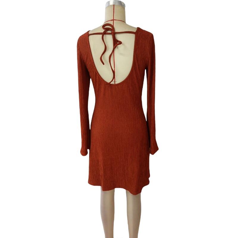 Jarní elegantní dámské šaty Hnědá textura Bez zad s mašlí Rohové rukávy