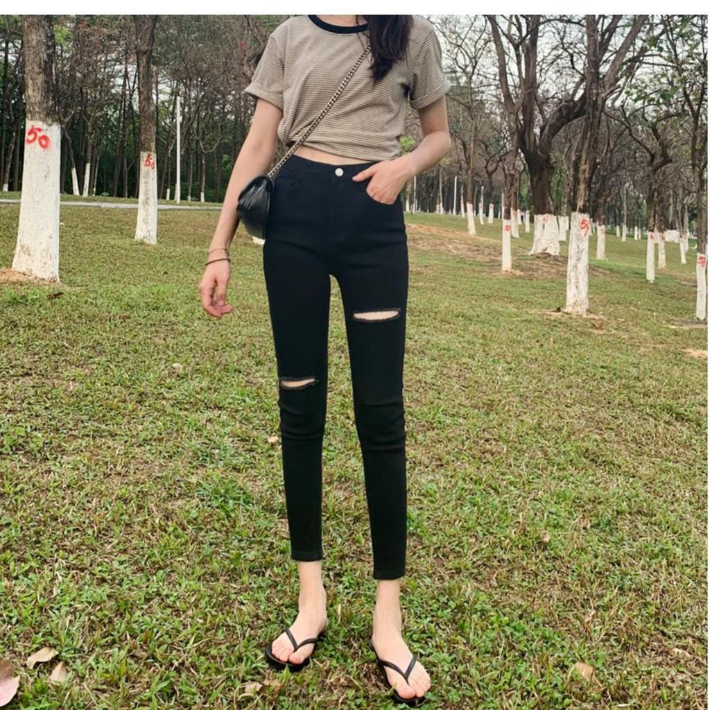 2024 Summer Black High Waist Ripped Skinny Jeans for Women
