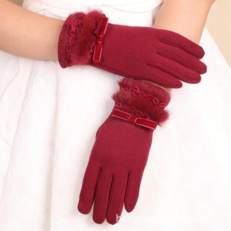 Warm gloves autumn and winter women's bow thickened fleece cold-proof outdoor riding non-inverted fleece touch screen gloves