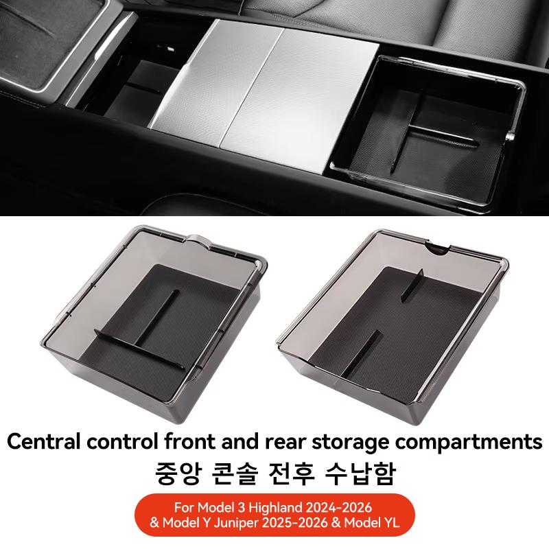 YZ For Tesla Model 3 Highland Y YL Juniper Center Console Storage Box ABS Silicone With Non‑Slip Mat Rear Armrest Car Accessorie