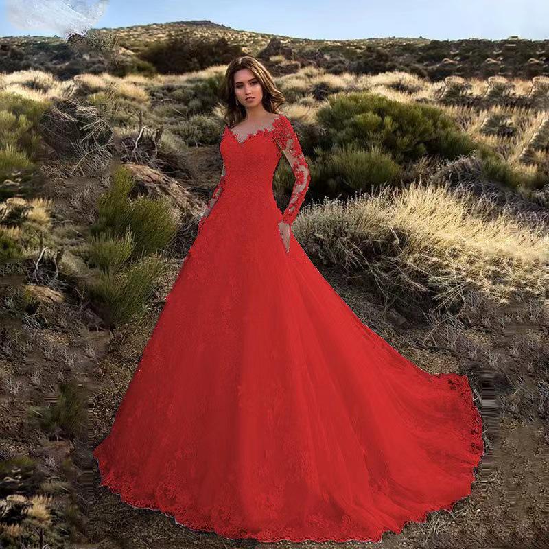 2024 Women's Lace Wedding Dress with Floral Train and Elegant Swing Evening Gown