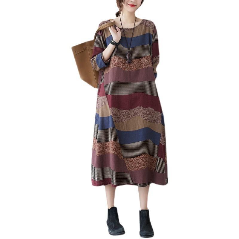 Frühling und Herbst Literarischen Stil Lose Druck Rundhals Langarm Kleid Frau