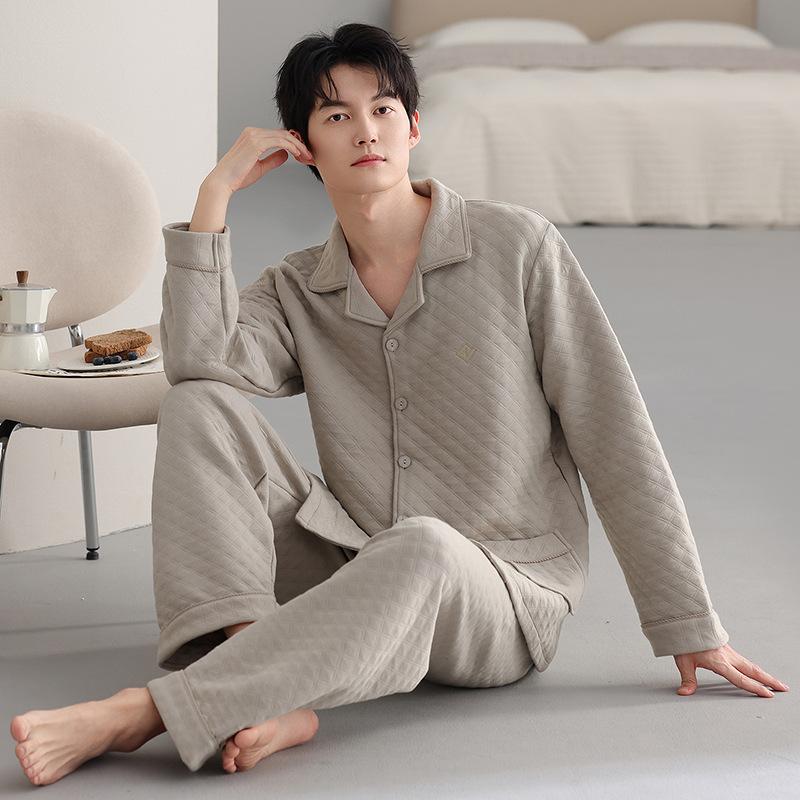 Pajamas Men'S Autumn And Winter Thickened Pure Cotton Long Sleeve Air Cotton Interlayer Homewear Winter Warm Large Size Cotton Set