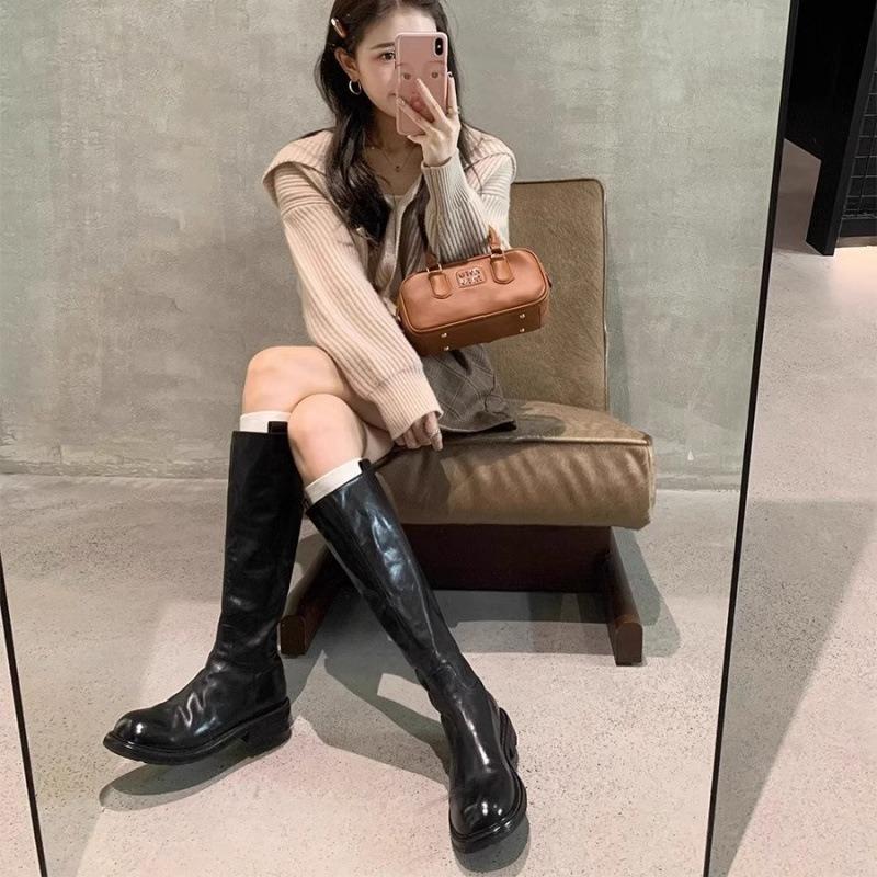 Cowhide Version~ Retro Pleated Thick-soled Long Knight Boots Women's Thin Leather High Boots
