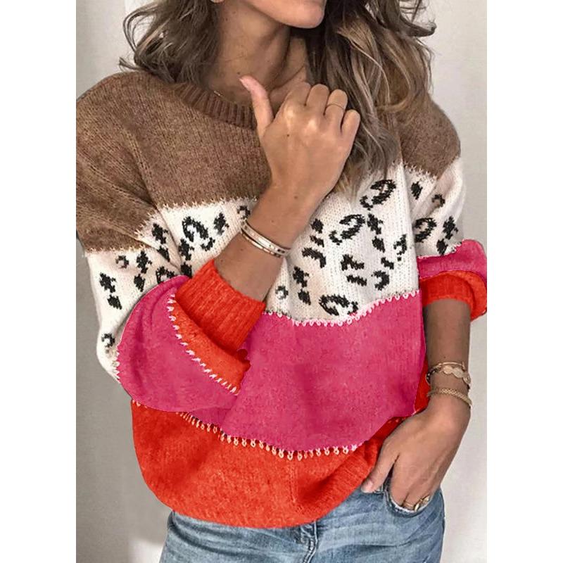 Women's Autumn and Winter Leopard-print Patchwork Knitted Pullover Plus Size Sweater