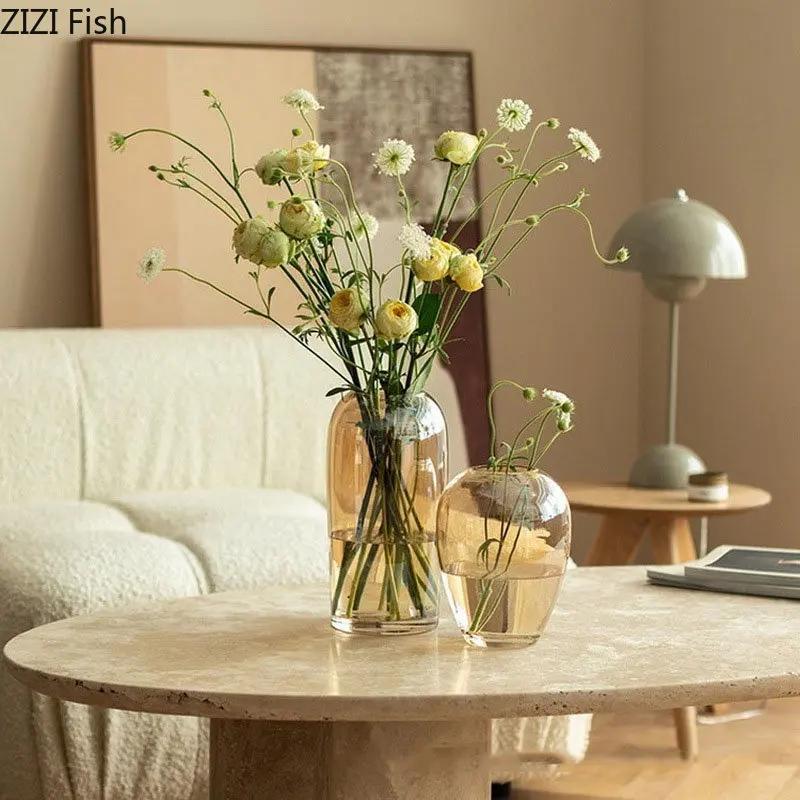Amber Color Glass Vase Transparent Hydroponics Flower Pots Decorative Flower Arrangement Desk Decoration Vases Modern Home Decor