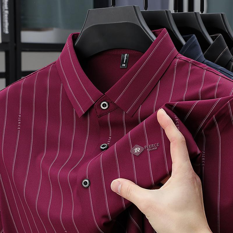 Shirt Summer Short Sleeve Striped Business Casual Printed Lapel Collar Fashion Trendy Shirt M