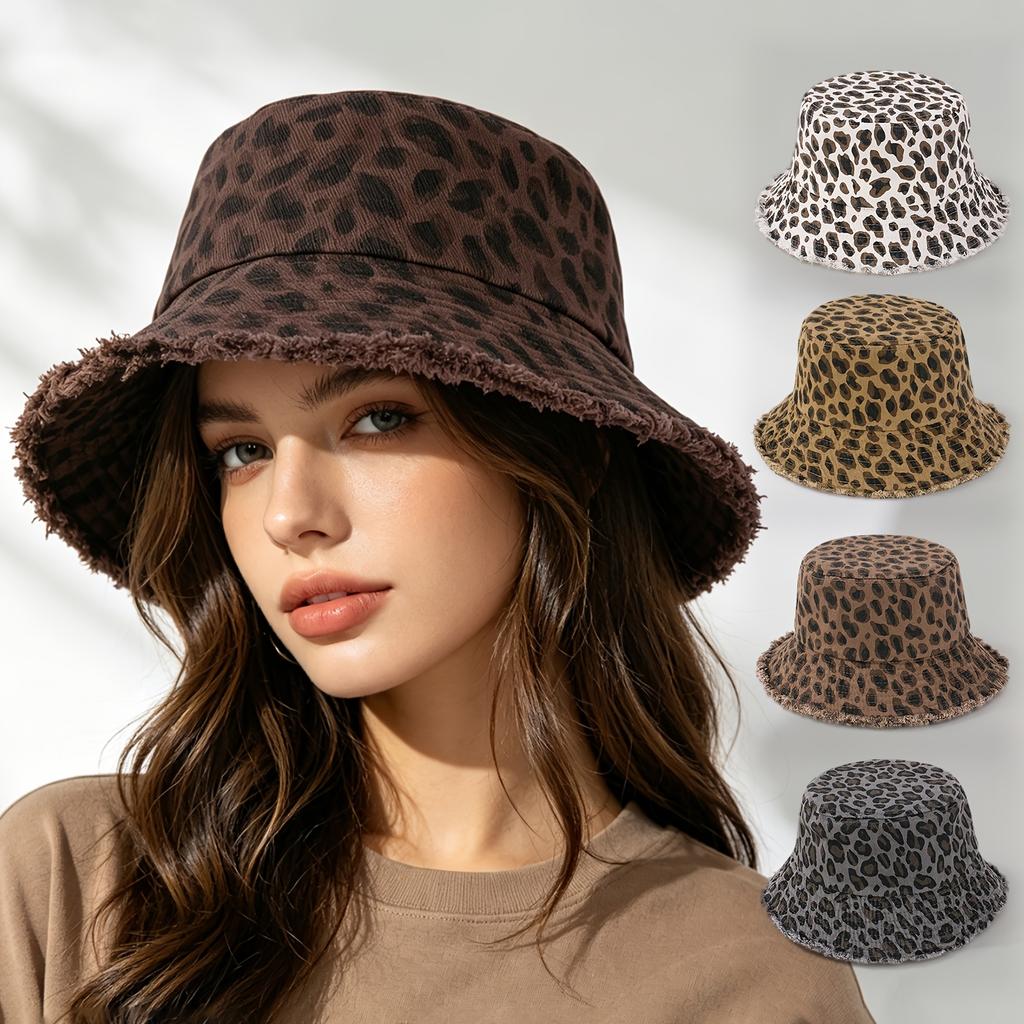 Women'S Spring Summer Multi-Color Optional Leopard Print Scalloped Fisherman Hat, Fashion Casual Sun Hat for Outdoor Travel