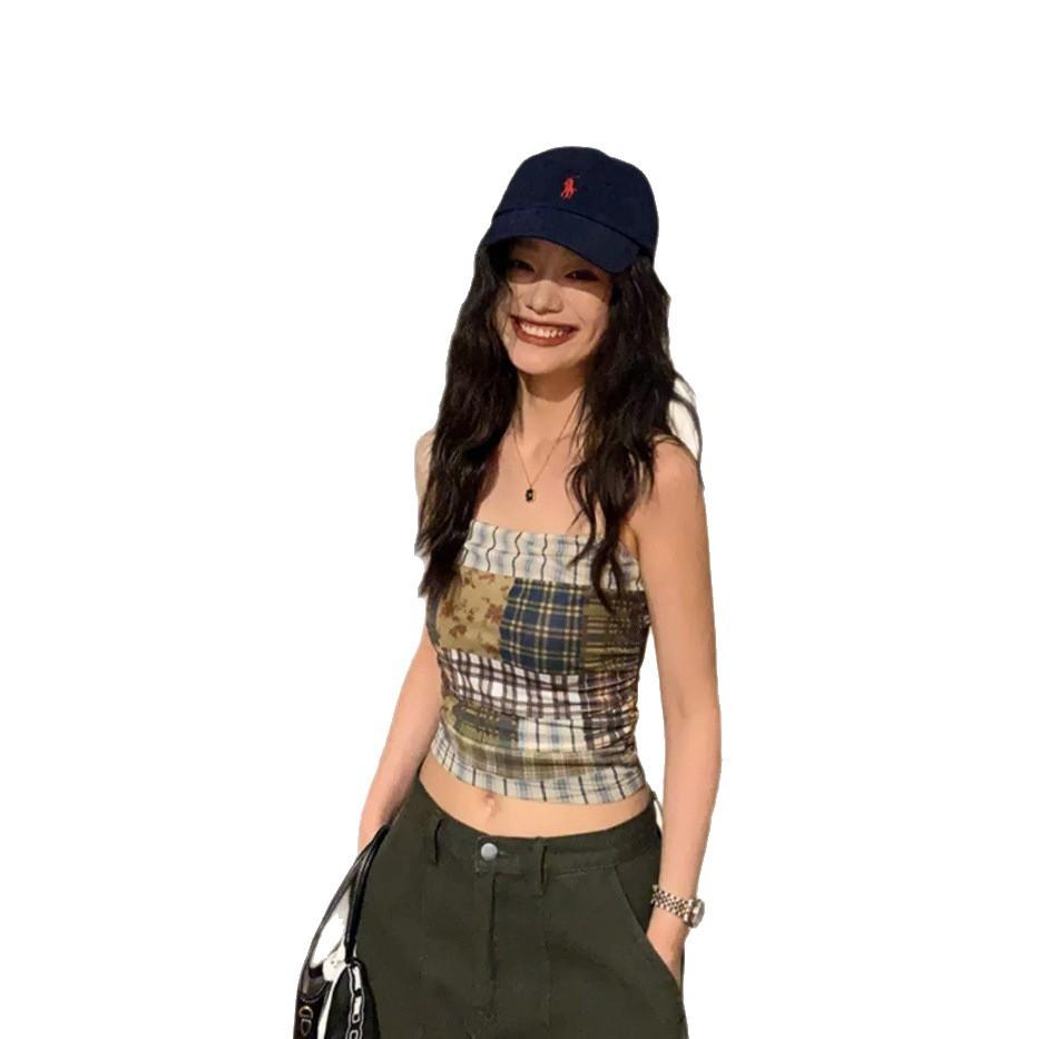 #Summer New Pure Desire Wind Irregular Plaid Printing Sling Vest Female Slim Short Fixing Belt Chest Pad