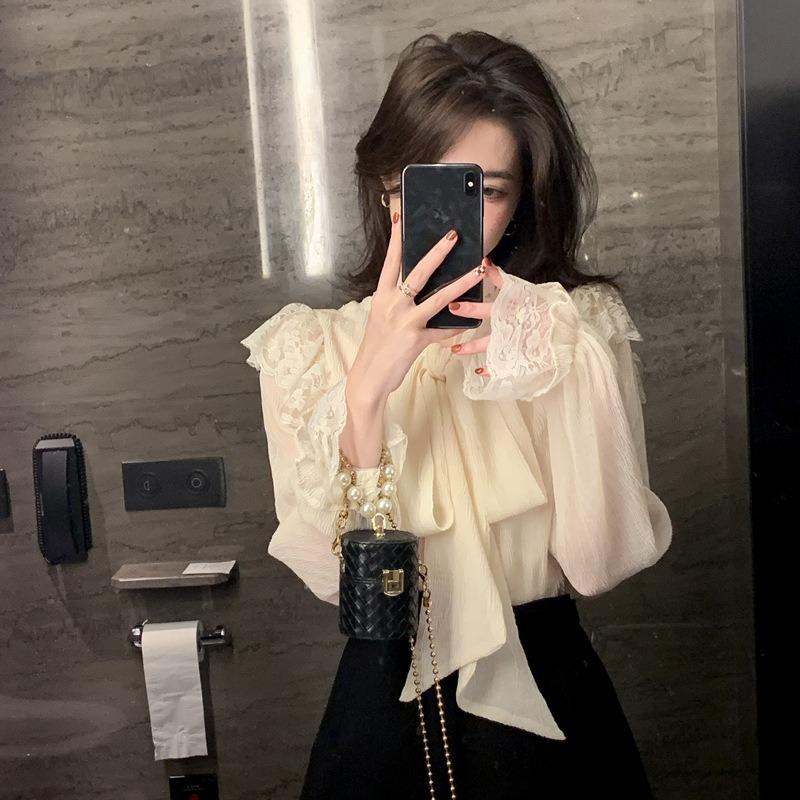 

Designed Bow Collar Chiffon Shirt Women s Spring New Lace Stitching French Niche Long-sleeved Top XL абрикосовий