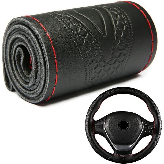 DEEYOTA Car Steering Wheel Cover Universal Fit Round Stitch Steering Wheel Wrap Thin PU Leather Steering Wheel Cover Sewn On 15" Car Wheel (Black)