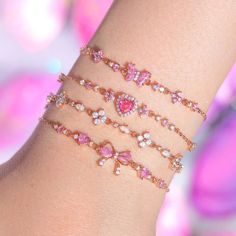Y2K Pink Zircon Bowknot Love Heart Chain Bracelets For Women Exquisite Shiny Crystal Adjustable Bracelets Birthday Jewelry Gift