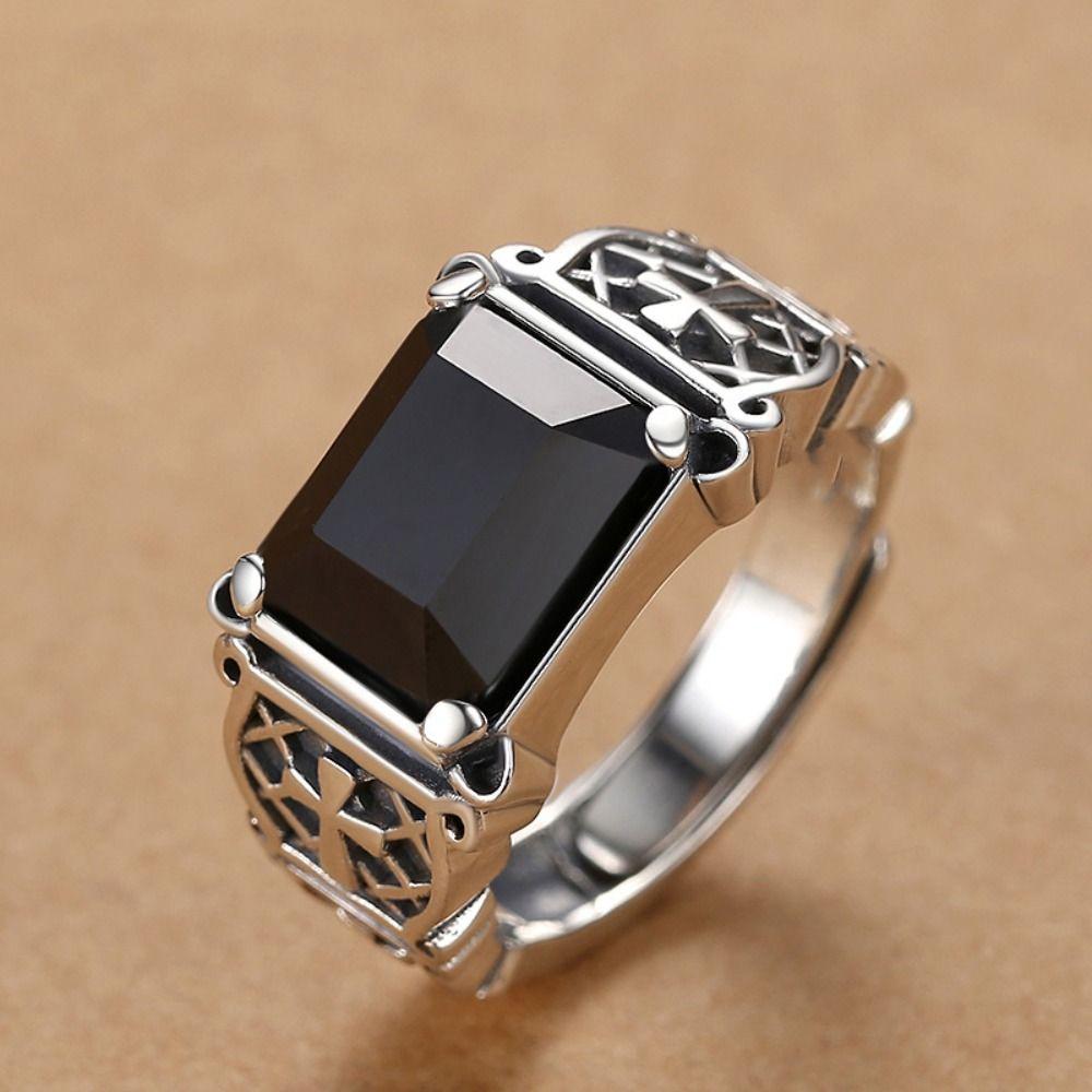 Black Zircon Men's Hip Hop Rings Adjustable Cross Ring Trend Open Ring Daily Wear