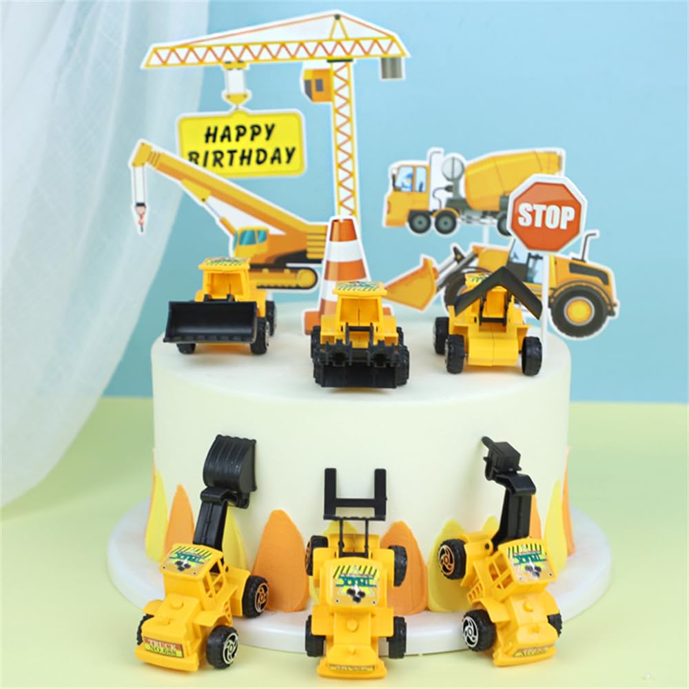DUOLEIMI Cake Top Heavy Machinery Construction Vehicle Cake Topper 6-Piece Set Mini Car 3D Cake Decoration Pick Vehicle Boy Birthday Cake Decoration