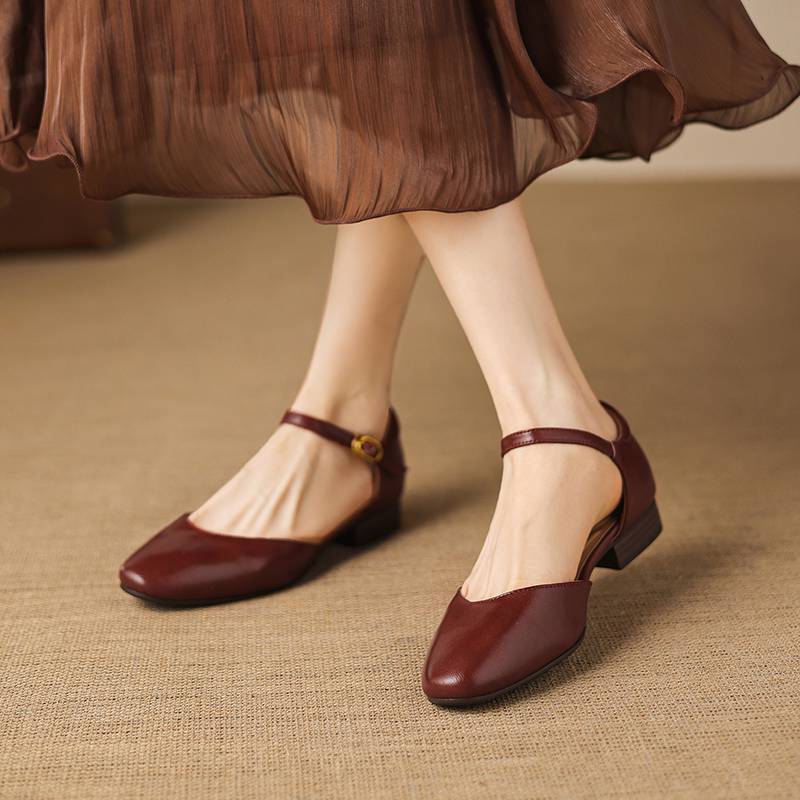 Krazing Pot Cow Skin Round Toe Low Heels Summer Shoes Big Size 42 Ankle Straps Women Pumps