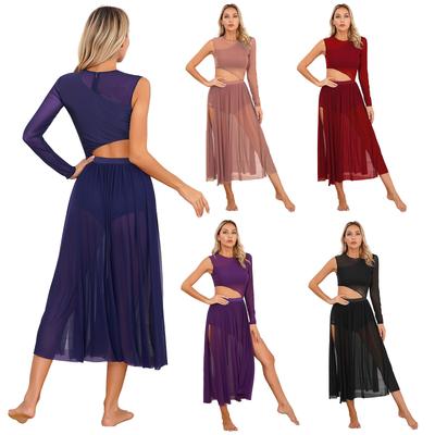 Womens Modern Lyrical Dance Costume Cutout Patchwork Sheer Mesh Latin Dance Dresses Ballroom Dancewear