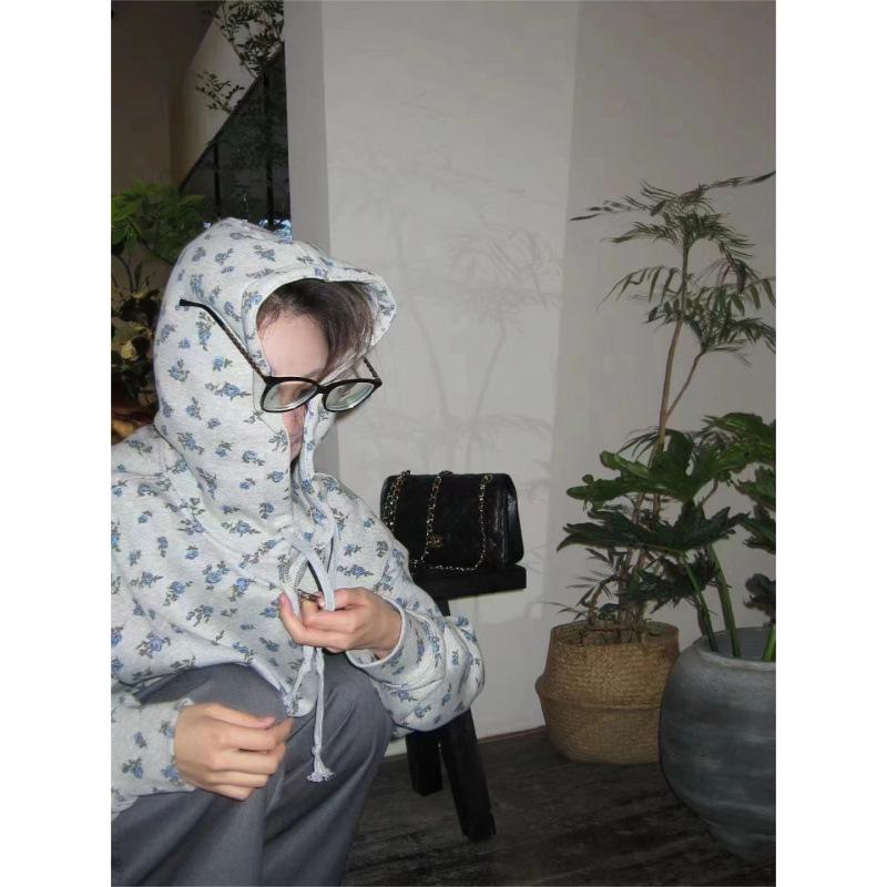 Retro Floral Hooded Cardigan Sweatshirt - Thick, Loose Fit for Spring and Autumn