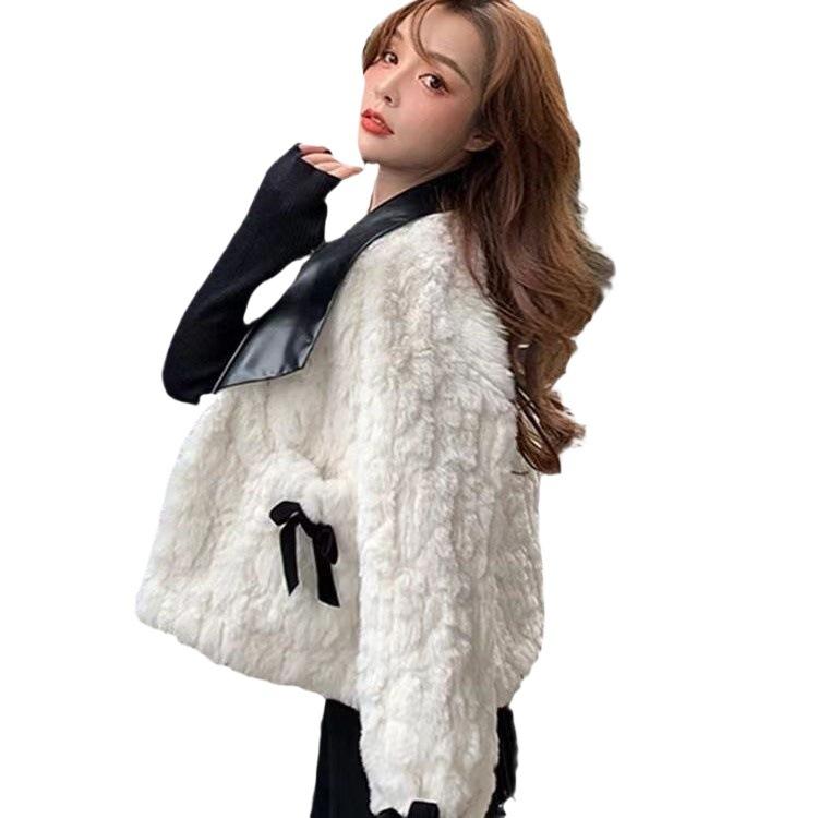 Autumn and winter new bow imitation rabbit fur thickened and thin fashion fur jacket women's top