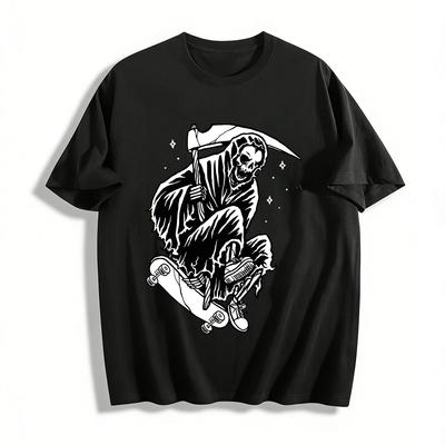 Trendy Dark Grim Reaper Skateboarding Print Streetwear Top Pure Cotton T-shirt