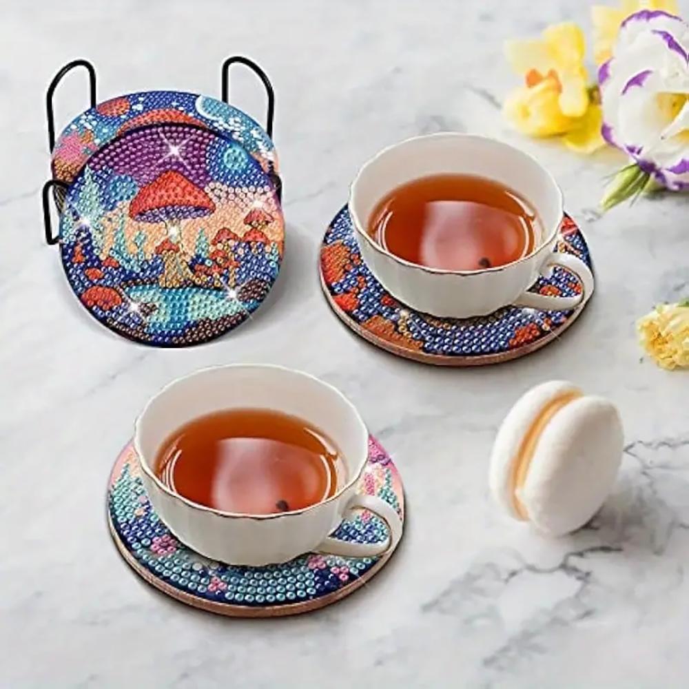 8 Pieces/set Mushroom House World Diamond Painted Coaster Set with Bracket DIY Coaster for Beginners and Adults, Art and Crafts Supplies Gift
