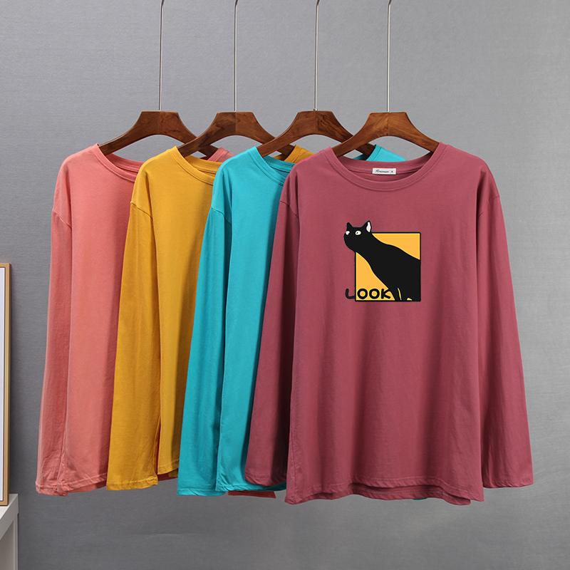 Hirsionsan Casual Loose T Shirt Women Spring New Simple Cute Cat O-neck Tees Female Fashion Long Sleeve All-match Tops for Girls